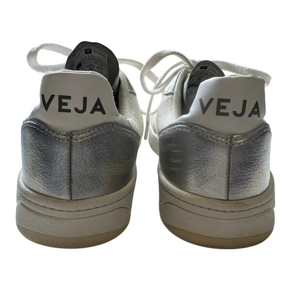Veja V 10 Iridescent Metallic Sneakers Leather And Canvas White Silver Size 8 - Picture 12 of 13